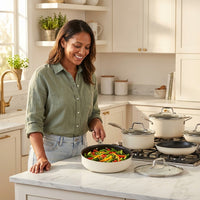 Achieve 8 Piece Hard Anodized Nonstick Pots and Pans Set, Cream — Lifestyle