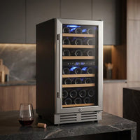 15 In. Dual Zone Built-In Wine Cooler 30-Bottle Cellar Cooling Unit in Stainless Steel with 6-Removable Shelves — Studio Shot