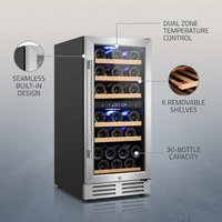 15 In. Dual Zone Built-In Wine Cooler 30-Bottle Cellar Cooling Unit in Stainless Steel with 6-Removable Shelves — infographic