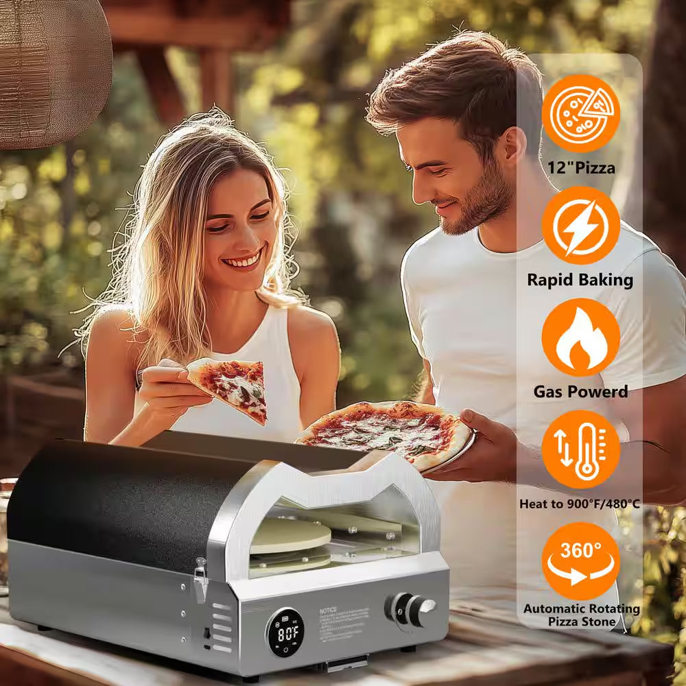 12 In. Propane Pizza Oven, Outdoor Pizza Oven in Black with Rotating Pizza Stone, Pizza Cutter and Glove