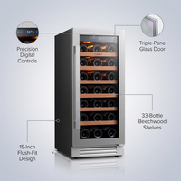 15 Inch Wine Cooler Refrigerator, 33 Bottle Wine Fridge with Glass Door Built-In & Freestanding Wine Cooler for Home/Office — infographic