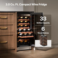 15 Inch Wine Cooler Refrigerator, 33 Bottle Wine Fridge with Glass Door Built-In & Freestanding Wine Cooler for Home/Office